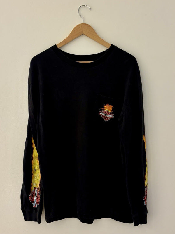 Vintage Harley Long Sleeve Tshirt Flamed Arms Pocket Medicine Hat Alberta Large